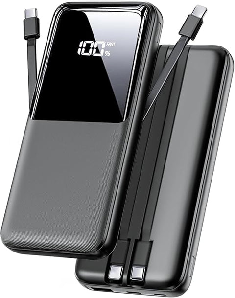 Portable Charger Power Bank - 15000mAh Fast Charging Powerbank Battery Pack with Built in USB-C(22.5W) and iOS(20W) Output Cable Compatible with iPhone Android Samsung etc (1 Pack, Black)