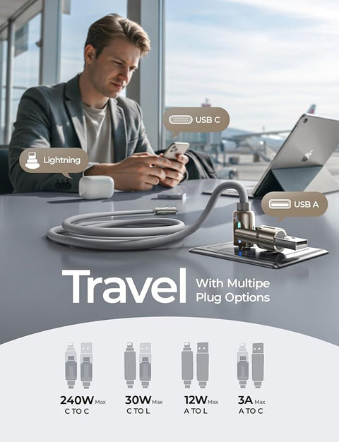USB C to Lightning Cable, 240W 4 in 1 Charging Cable 6.6FT, Chubby USB A/C to C/Lightning with Light for iPhone 16e 15 14 Pro/MacBook Air 17/iPad/Samsung/Switch 2, Multi Chargers for All Devices