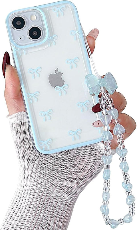 Cute Bowknot Case for iPhone X/Xs, Ribbon Bow Case with Bling Bracelet Chain, Clear Aesthetic Stylish Slim Soft Durable Pretty TPU Protective Cover for Women Girls, Blue