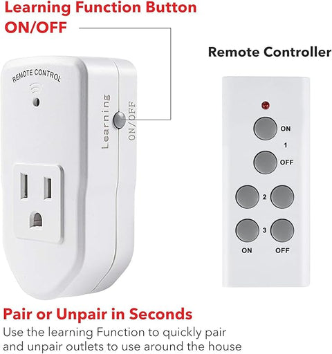 Wireless Remote Control Electrical Outlet Switch for Lights, Fans, Christmas Lights, Small Appliance, Long Range White 10A/1200W, 1 Remote + 1 Outlet