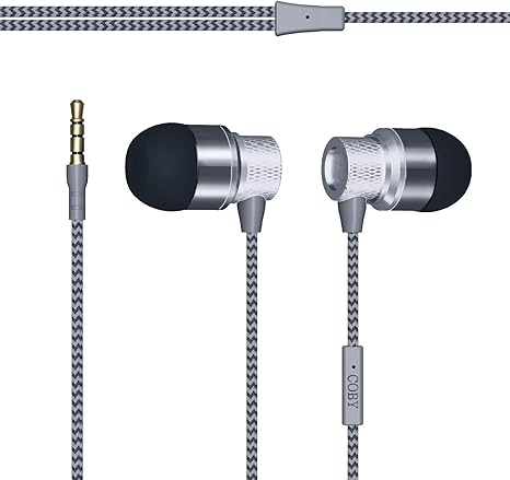 Metal Wired Handsfree, Noise-Isolating Handsfree with 3.5mm Aux Jack, Sweat-Resistant and Comfortable Ear Gels, Tangle-Free Fabric Cable, Silver