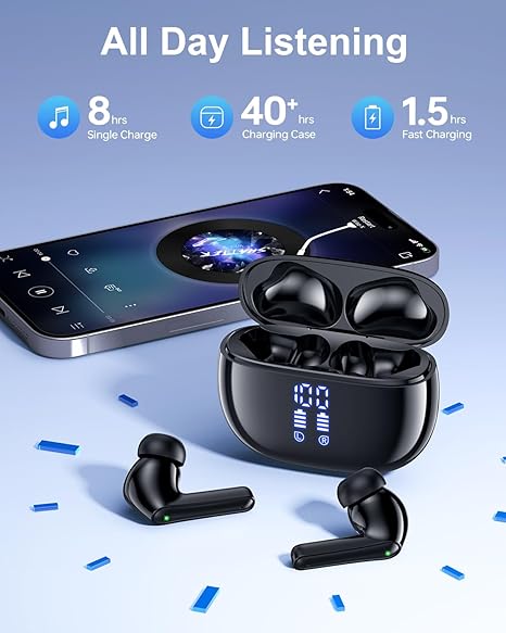 Wireless Earbuds, Bluetooth Ear Buds Headphones, 40H Long Playtime, Stereo Deep Bass, LED Power Display, IPX7, Lightweight in Ear Earphone with Mic for iPhone Android Phone