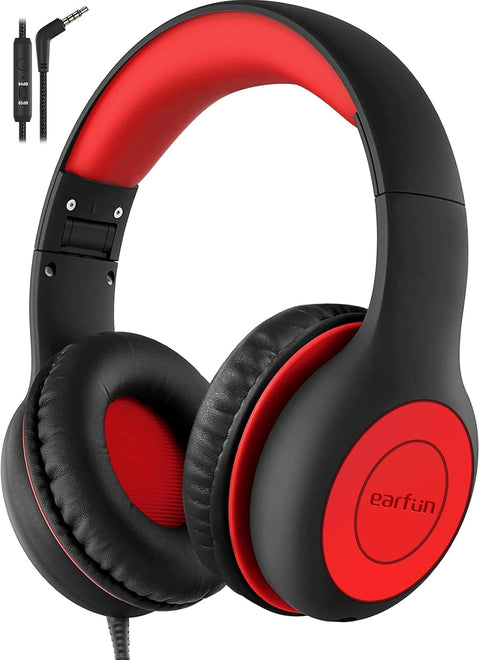 Kids Wired with Microphone, 85/94dB Volume Limit for Kids, Portable Wired Microphone with Shareport, Stereo Sound Foldable Headset for School/Tablet/iPad/Kindle, Black Red