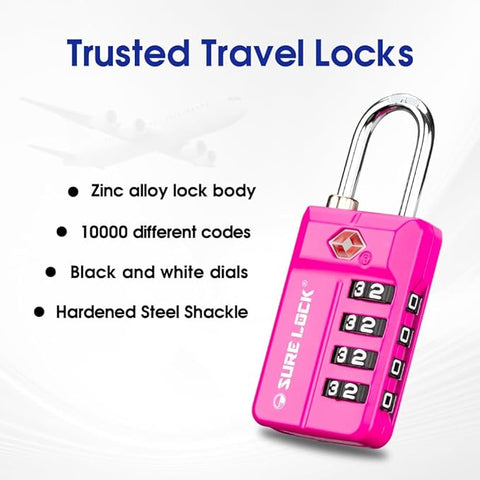 TSA Approved 4-Digit Resettable Combination Luggage Locks with Open Alert, Easy-Read Dials - for Luggage, School Lockers, Gym, Office, Toolbox & Security Cases (Pink 1 Pack)