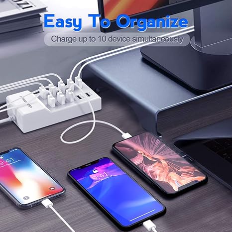 USB Charger Station Block with Rapid Charging Auto Detect Technology Safety Guaranteed 10-Port Family-Sized Smart USB Ports for Multiple Devices Smart Phone Tablet