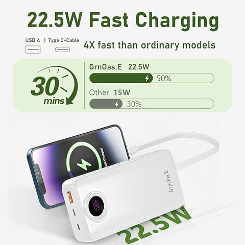 Portable Charger 20000mAh，22.5W Fast Charging Power Bank, Cell Phone Replacement Battery with 5 Output 2 Input for iPhone 16/15 Plus/15 Pro Pro Max,Samsung Galaxy,and More(1 Pack,Pearl White)