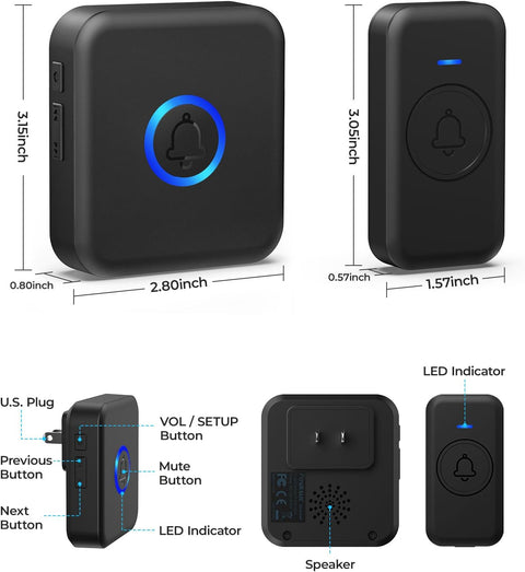 Wireless Doorbell, Waterproof Door Bell with 60 Chimes, 5 Volume Levels & 2 Mute Modes, Loud Doorbells Wireless for Home Classroom Office (1 Receiver & 1 Button, Black, American Plug)
