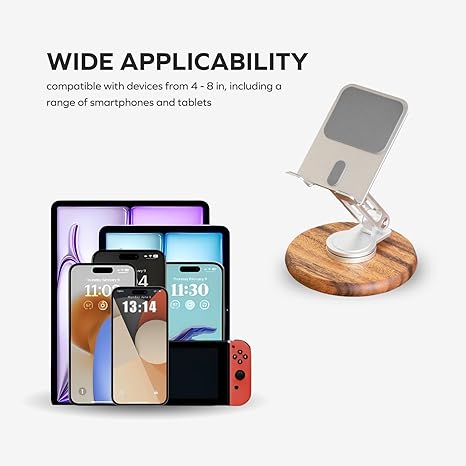 Cell Phone Stand for Desk, Foldable 360 Rotating Cell iPhone Holder with Acacia Base, Adjustable Travel Cell Phone Mobile Stand for All Smartphones, iPhones, IPads