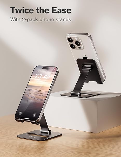 2 Pack Dual Folding Cell Phone Stand, Fully Adjustable Phone Holder for Desk, Compatible with Phone 16 15 14 13 12 11, Nintendo Switch, All Phones, Black