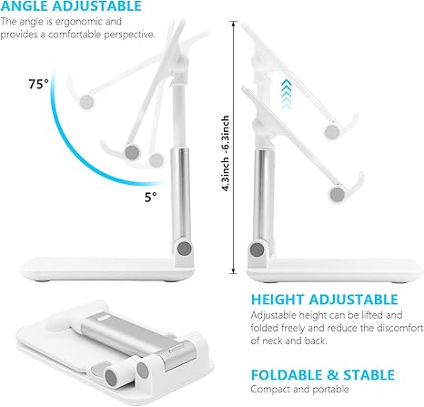 Cell Phone Stand, Folding Desktop Phone Stand, Angle Height Adjustable Mobile Phone Holder for Desk, Office, Tablet Stand Compatible with All Phones 4-10 Inches Cell Phone/Tablet (White)