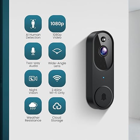 Wireless Wi-Fi Video Doorbell Camera with Two Way Audio, AI Motion Detection, Night Vision and Cloud Storage, 2.4G Wi-Fi only