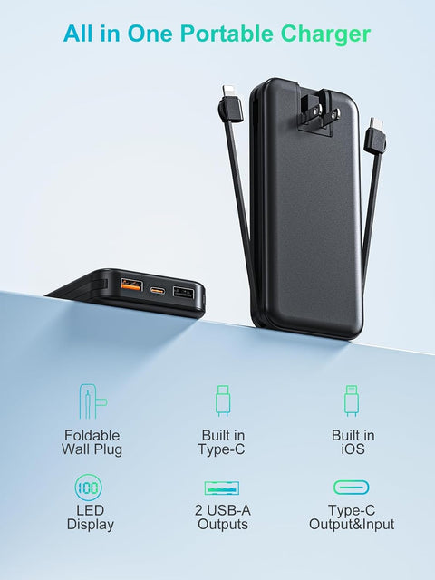 Portable Phone Charger, 12000mAh 22.5W Fast Charging Power Bank with Built-in Cables & Wall Plug, External Battery Bank with LED Display, Travel Essential Battery Pack for iPhone, iPad, Samsung
