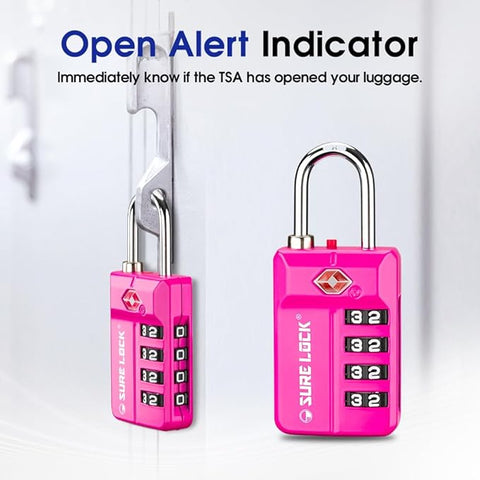 TSA Approved 4-Digit Resettable Combination Luggage Locks with Open Alert, Easy-Read Dials - for Luggage, School Lockers, Gym, Office, Toolbox & Security Cases (Pink 1 Pack)