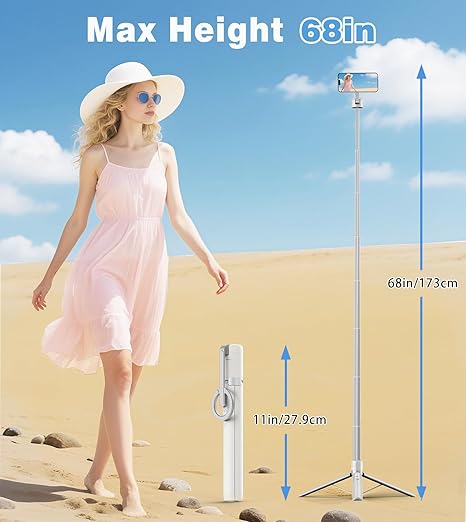Magnetic Selfie Stick Tripod with Aluminum Strong Magnetic Holder for Magsafe, 360° Rotatable Travel Phone Tripod Stand with Metal Ring & Rechargeable Remote for iPhone/Android(Beige Gray)