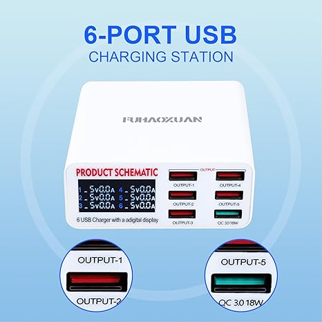 USB Charging Station for Multiple Devices, 40w 6-Ports USB Charger Station, 5USB+1QC3.0 Ports Fast Charging Station Block, Compatible with Phone Watch Pad for Home Office Travel