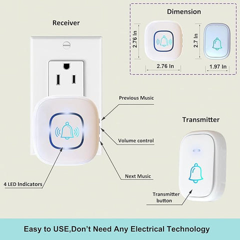 Wireless Doorbell, 1,200ft Wireless Range Doorbell,5 Volume Levels Loud Enough, Mute Mode with 52 Chimes,LED Flashing and Memory Setting.
