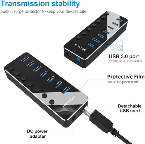 USB 3.0 Hub, 7 Port Powered USB Hub Expander Aluminum USB 3.0 Data Port hub with Universal 5V AC Adapter and Individual On/Off Switches USB Splitter for Laptop and PC(Black)