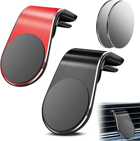 2-Pack Strong Magnetic Car Phone Holder - 360° Rotatable L-Shape Air Vent/Dashboard Mount for iPhone, Samsung, Huawei - Super Sticky Magnet, (Black + Red)
