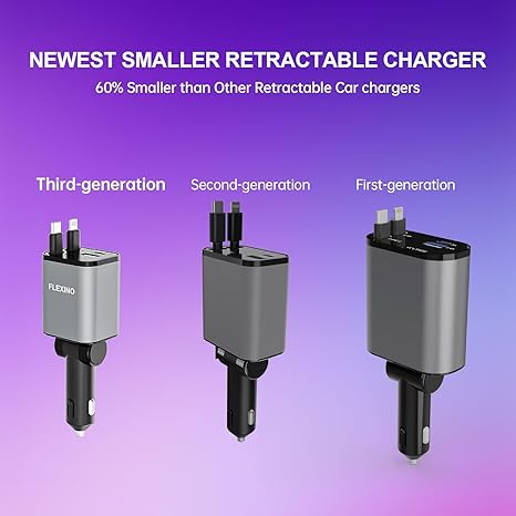 Retractable Car Charger for iPhone 16, 69W Fast Charging Car Charger USB C, Car Chargers with 2 Retractable Cords 2.6ft, Car Adapter for iPhone 16/15/14/13/12 Series, Galaxy (Grey)