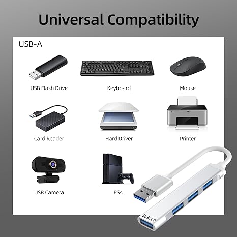 USB 3.0 Hub, 4-Port USB Hub USB Splitter USB Expander for Laptop, Xbox, Flash Drive, HDD, Console, Printer, Camera, Keyborad, Mouse and More