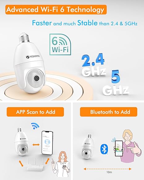 Light Bulb Security Camera -5G&2.4GHz 5MP HD WiFi 6 Home Baby Monitor, Security Cameras Wireless Outdoor Indoor, Night Vision, 2-Way Audio, PIR Mothion Detection and Alerts, Works with Alexa (White)