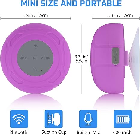 Waterproof Bluetooth Shower Speaker Portable Wireless Water-Resistant Speaker Suction Cup,Built-in Mic Gifts for Kids Speakerphone Bathroom Kitchen - Purple
