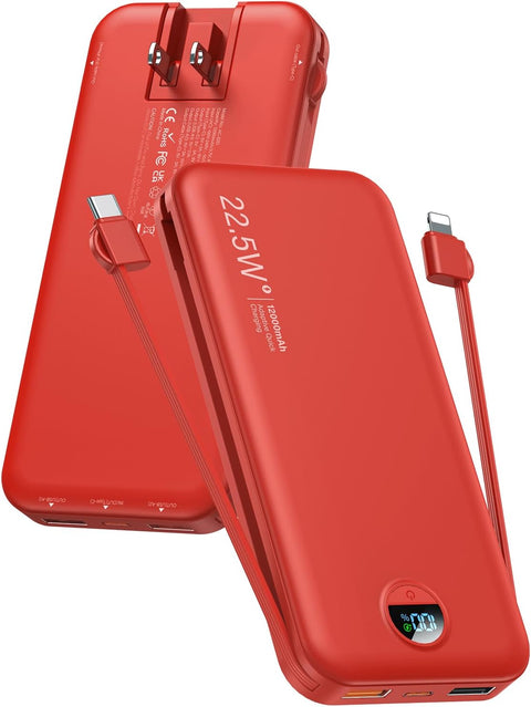 Portable Phone Charger, 12000mAh 22.5W Fast Charging Power Bank with Built-in Cables & Wall Plug, External Battery Bank with LED Display, Travel Essential Battery Pack for iPhone, iPad, Samsung