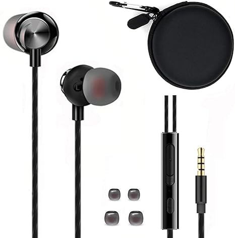 Wired Metal in-Ear Handsfree  with MIC &Volume Control and Pocket Case, Crystal Clear Sound Bass Stereo Noise Isolating Handsfree(Black Case and 2 Small Tips Included)