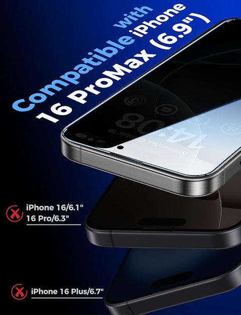 2 Pack for iPhone 16 Pro Max 6.9 inch Privacy Tempered Glass Screen Protector, Bubble Free, Easy Installation, Auto Dust-Elimination