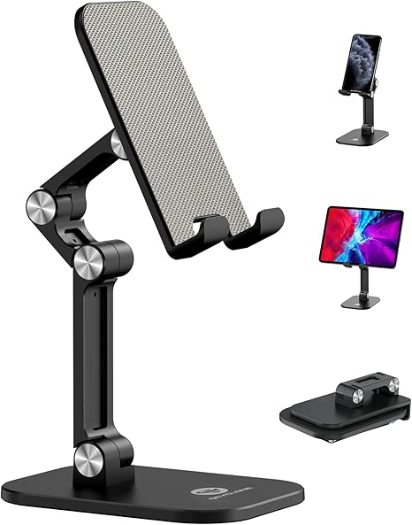 Phone Stand, Adjustable Height and Angle Foldable Cell Phone Stand Holder for Desk, Taller iPhone Stand Compatible with 4.7"-13" Smartphones iPad Tablet, Black _phone Holder