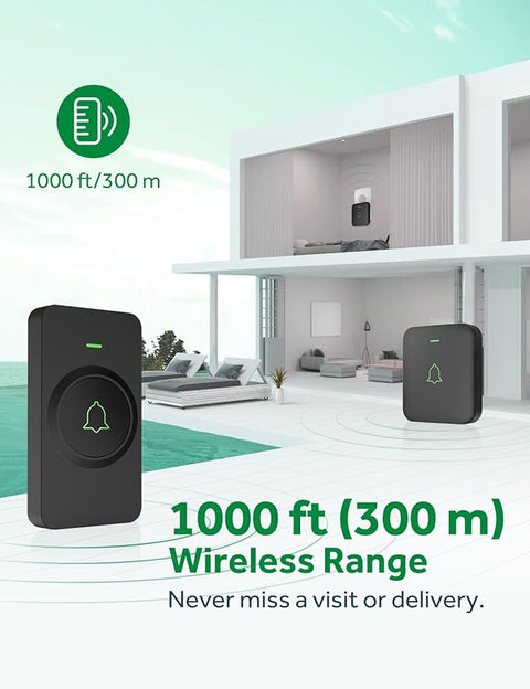 Wireless Door Bell, CB-21 Mini Waterproof Wireless Doorbell Operating at Over 1000 Feet, 2 Remote Buttons Can Have Different Tones, 52 Melodies, CD Quality Sound and LED Flash