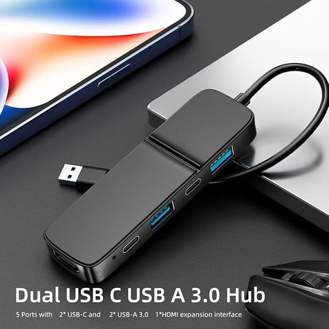 5-Port USB 3.0 Hub with 4K HDMI - Dual USB-A/C, 5Gbps Data Transfer for MacBook Pro/Air, iPad Pro, iPhone 15, iMac, XPS, ThinkPad & More - Ideal for Flash Drives & Portable Hard Disks