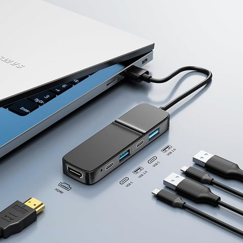 5-Port USB 3.0 Hub with 4K HDMI - Dual USB-A/C, 5Gbps Data Transfer for MacBook Pro/Air, iPad Pro, iPhone 15, iMac, XPS, ThinkPad & More - Ideal for Flash Drives & Portable Hard Disks