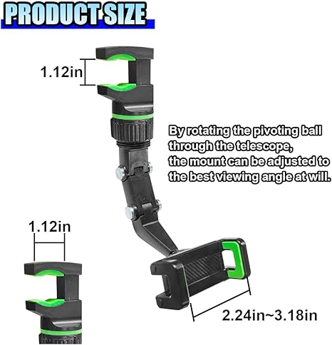 Rearview Mirror Phone Mount Holder for Car, 360° Rotating Adjustable Car Phone & GPS Holder, Universal Retractable Multifunctional Automobile Cradles for All Mobile Phones (Green) -Phone Holder