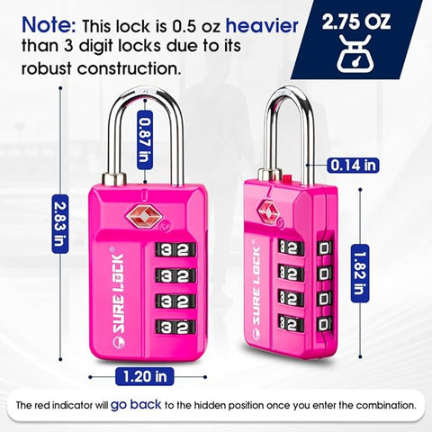 TSA Approved 4-Digit Resettable Combination Luggage Locks with Open Alert, Easy-Read Dials - for Luggage, School Lockers, Gym, Office, Toolbox & Security Cases (Pink 1 Pack)