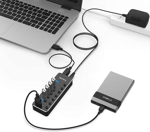 USB 3.0 Hub, 7 Port Powered USB Hub Expander Aluminum USB 3.0 Data Port hub with Universal 5V AC Adapter and Individual On/Off Switches USB Splitter for Laptop and PC(Black)