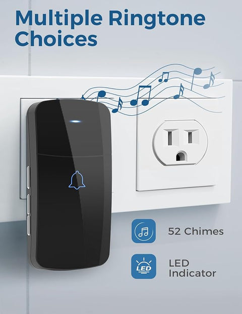 Wireless Doorbell D-3C, 1300 ft Long Range Door Chime Kit, 52 Melodies, Up to 115dB Volume and LED Flash with 2 Plug-In Receivers & 1 Push Button, Black -Door bell