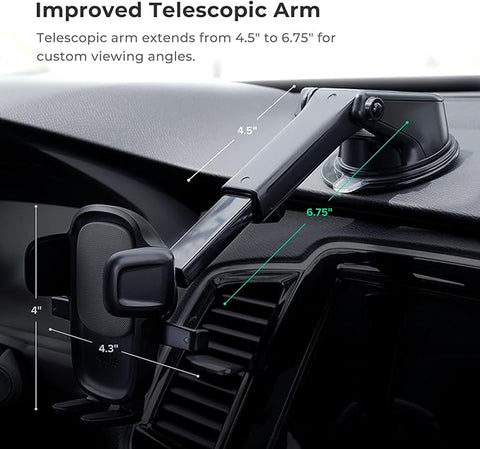 Easy One Touch Signature Dashboard & Windshield Universal Car Mount Phone Holder Desk Stand with Suction Cup Base and Telescopic Arm for iPhone, Samsung, Google, More Smartphones