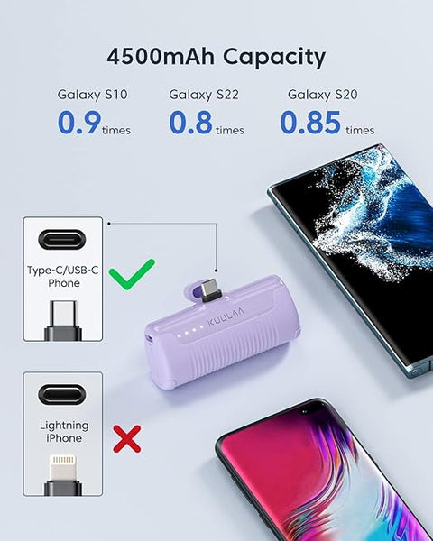 Portable Charger USB C Power Bank 4500mAh Small Portable Phone Charger Android Compact Plug in Battery Pack Portable Compatible with iPhone 15, Samsung Galaxy, Moto, LG, Pixel, Purple