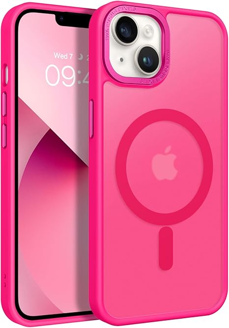 Magnetic for iPhone 13 Case & iPhone 14 Case [Compatible with Magsafe] Translucent Matte Phone Case iPhone 13/14 Slim Thin Shockproof Women Men Protective Cover Cases, Hot Pink