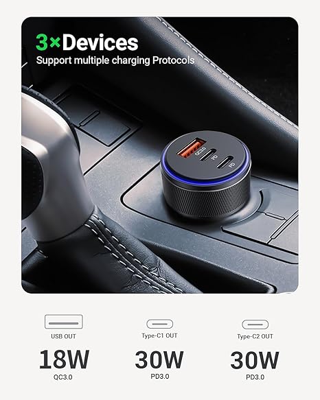 AKNSN 90W USB-C & USB-A Car Charger, 3-Port Fast Charging, PD3.0 & QC3.0, Compatible with iPhone 16/15/14/13 Pro Max, iPad, MacBook, Samsung, Google Pixel, More
