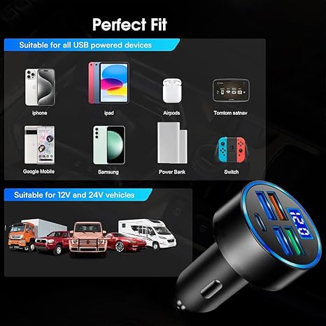 5-in-1 Car Charger, Fast Charging Car Adapter, USB Cigarette Lighter Car Accessory, Car Charger Compatible with Iphone14/14pro/13/12/Ipad/Tablet/Samsung and More. (Black)