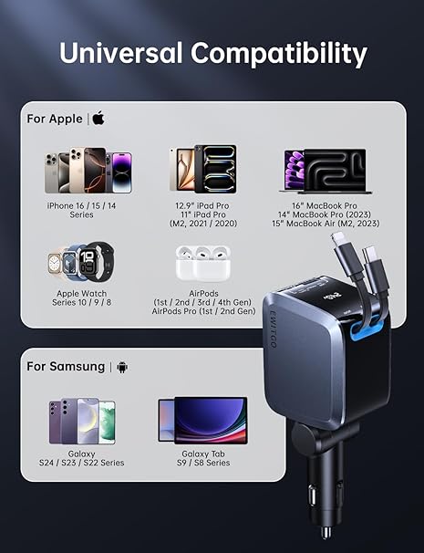 Retractable Car Charger, Car Accessories, 72W Fast Charging USB C Car Charger with 4FT Retractable Cables and 2 Ports, for iPhone 16 15 14 13 12, Samsung etc Warm Grey