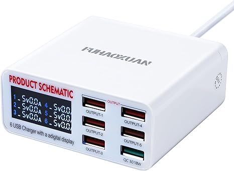 USB Charging Station for Multiple Devices, 40w 6-Ports USB Charger Station, 5USB+1QC3.0 Ports Fast Charging Station Block, Compatible with Phone Watch Pad for Home Office Travel