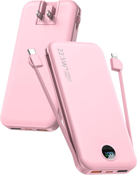 Portable Phone Charger, 12000mAh 22.5W Fast Charging Power Bank with Built-in Cables & Wall Plug, External Battery Bank with LED Display, Travel Essential Battery Pack for iPhone, iPad, Samsung