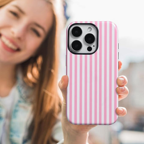 Compatible with iPhone 16 Pro Case Striped Cute Aesthetic Phone Case Shockproof TPU Hard PC Protective Cover for iPhone 16 Pro-Pink