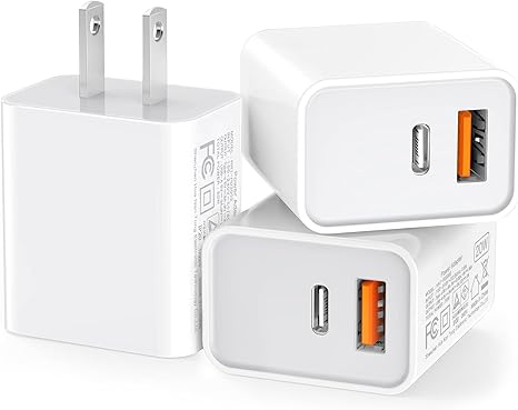 3 Pack USB C Wall Charger, 20W Durable Dual Port QC+PD 3.0 Power Adapter, Double Fast Plug Charging Block for iPhone 13/14/15/16/16 Pro/Pro Max/Plus, XS/XR/X, Watch Series 8/7 Cube，White