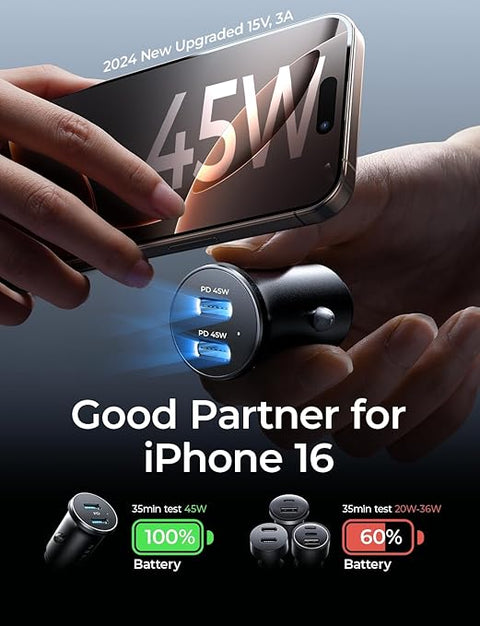 90W USB C Car Charger, 2-Port PD 45W & QC 3.0 USB C Cigarette Lighter Adapter for iPhone 16 [All Metal & Mini] USB C Car Charger Fast Charging for iPhone 16/15/14/13 Pro, Galaxy S25/S24, iPad