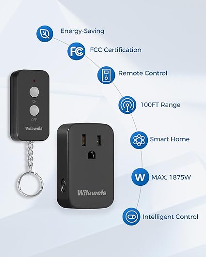 Remote Control Outlet Plug Wireless On Off Power Switch, Black Remote Light Switch Wireless for Lamp, Light, Fan, Programmable, Compact and Portable, 100ft RF Range, FCC Certified, Battery Included