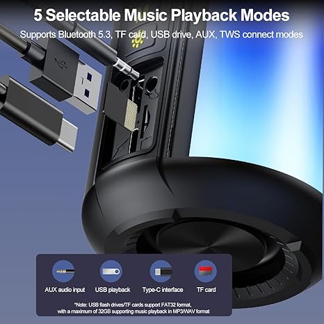 Portable Bluetooth Speaker with AUX Input, 8W Loud Stereo Sound, RGB Light, TWS Pairing, Wireless BT 5.3, TF-Card/USB Flash Drive Input, for Home Outdoor Party